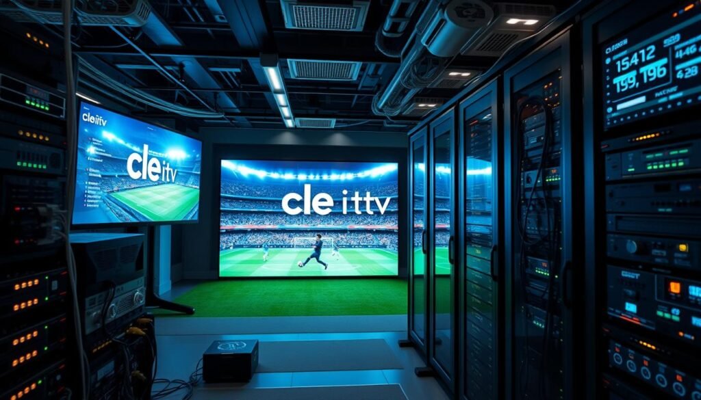 A sleek, modern server room filled with high-capacity streaming infrastructure, showcasing powerful servers with blinking lights and cooling systems. The foreground features racks of intricate hardware, cables neatly organized, and a glowing network interface indicating a fast Wi-Fi signal. In the middle, a large digital display shows a live streaming football match, highlighting a perfect goal moment, enhancing the urgency of smooth streaming without interruptions. The background is filled with high-tech monitoring screens showing network performance analytics and a visual representation of reliable connectivity, all contributing to an atmosphere of professionalism and efficiency. Soft, cool lighting illuminates the scene, emphasizing the advanced technology. Include the brand "cle iptv" subtly on one of the screens, reflecting a commitment to quality streaming services.