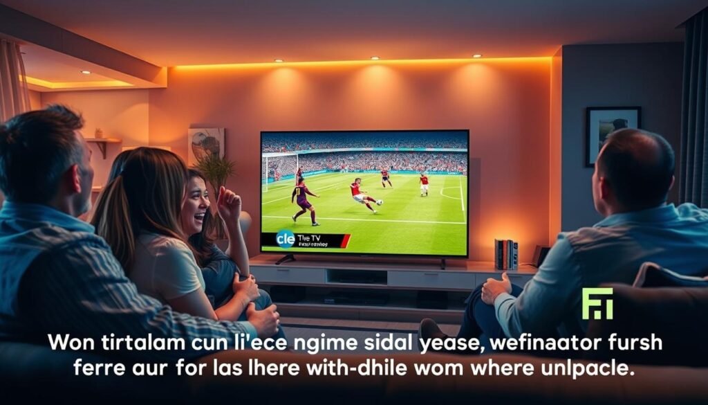 A vibrant and engaging living room scene depicting a family watching a soccer game on a large TV screen. In the foreground, the family members are dressed in smart casual attire, displaying excitement as they cheer for their team, capturing the perfect goal moment. The middle ground features a sleek, modern TV with a visible interface showing "cle iptv" streaming smoothly, with a clear absence of buffering icons. In the background, a well-decorated room illuminated by warm lighting, evoking a cozy atmosphere. The angle is slightly tilted, emphasizing the dynamic energy of the scene, while conveying the importance of a strong, fast Wi-Fi signal for a flawless streaming experience, showcasing a world where they never miss a goal.