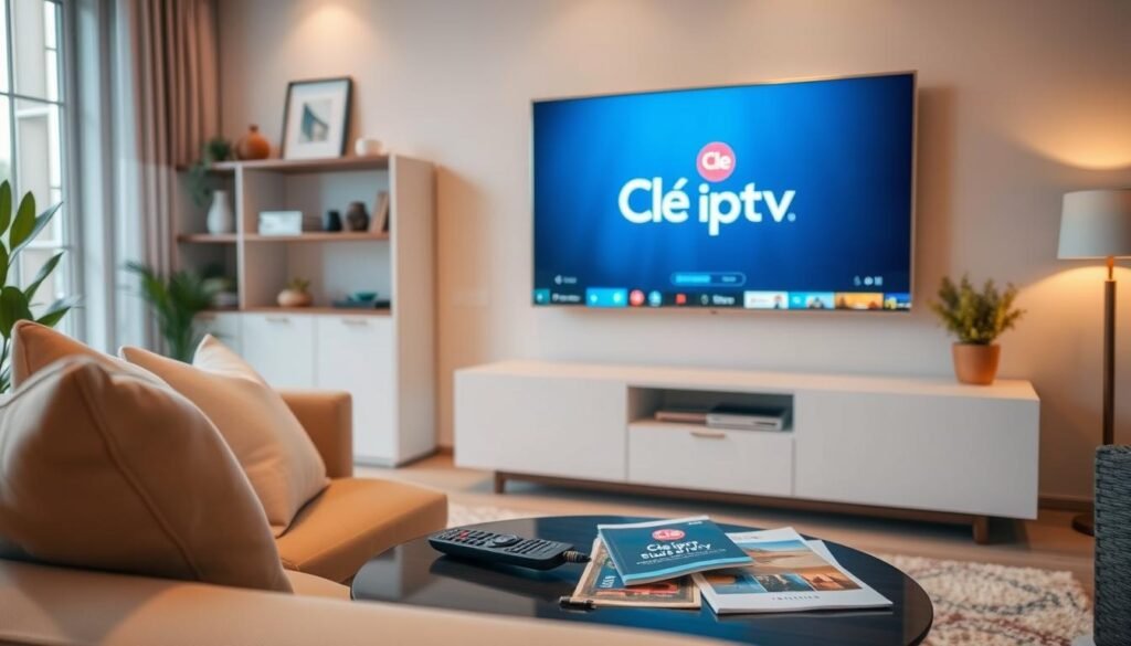A modern living room setting featuring a sleek, contemporary television displaying the "Cle iptv" logo prominently on the screen. In the foreground, a comfortable sofa with stylish cushions invites relaxation. The middle ground includes a coffee table scattered with a remote control and subscription guides, emphasizing easy access to premium IPTV services. Soft, warm lighting creates a welcoming atmosphere, and a few decorative plants add a touch of freshness. In the background, a modern shelf showcases elegant décor items, hinting at a cozy yet sophisticated space for watching IPTV. The mood is inviting and informative, highlighting the seamless integration of entertainment technology in daily life. The overall composition is focused, with a slightly elevated angle to capture both the television screen and the ambiance of the room effectively.