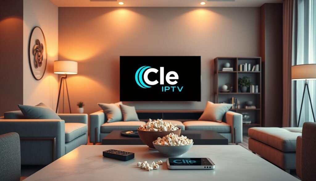 A modern living room showcasing a sleek flat-screen television displaying the Cle IPTV logo prominently. The foreground features a stylish coffee table with a remote control, popcorn bowl, and a smartphone, emphasizing a home cinema experience. In the middle, the stylish sofa and cozy cushions invite relaxation, while a warm ambient glow from stylish floor lamps creates a welcoming atmosphere. The background reveals contemporary decor, minimalist shelves with books and a large window allowing soft, natural light to flood the space. The scene is captured from a slightly elevated angle, highlighting the vibrant colors of the room, evoking a sense of comfort and premium experience. The overall mood is inviting and serene, ideal for an optimal streaming setup.