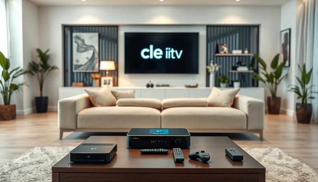 A sleek, modern living room showcasing a high-definition television prominently displaying the brand "Cle iptv." In the foreground, a stylish coffee table adorned with streaming devices and remote controls is set for an immersive viewing experience. The middle ground features a comfortable sofa with plush cushions, inviting viewers to settle in for digital entertainment. The background is decorated with contemporary art and subtle lighting, creating a warm, cozy atmosphere. Bright accents from green plants and decor elements contrast with the neutral color palette. The scene captures a sense of innovation and premium quality associated with IPTV and OTT services in 2026, focusing on clear, professional aesthetics. Soft, ambient lighting casts a serene glow, enhancing the overall inviting mood.